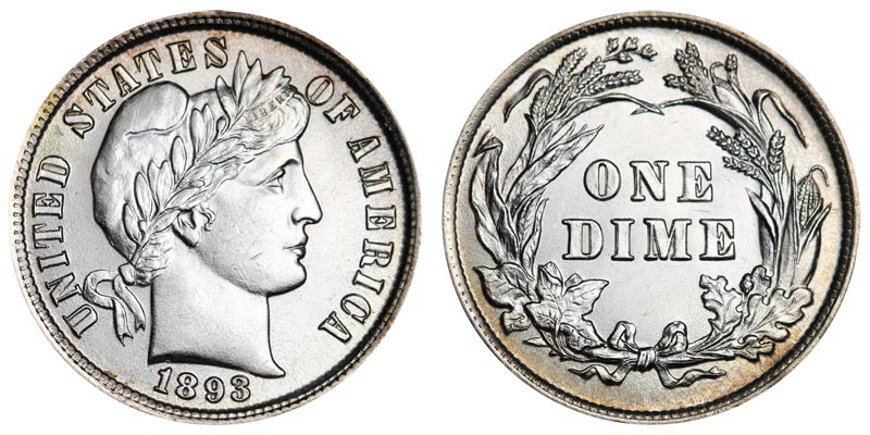 1893 Barber dime obverse showing Liberty portrait and date