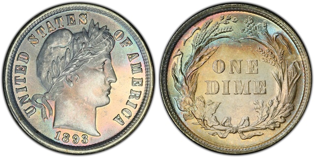 Side-by-side comparison of regular 1893 dime date versus 1893/2 overdate showing underlying numeral