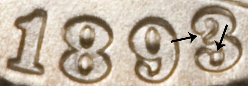 1893/2 overdate Barber dime date close-up showing remnants of underlying 2 within the 3