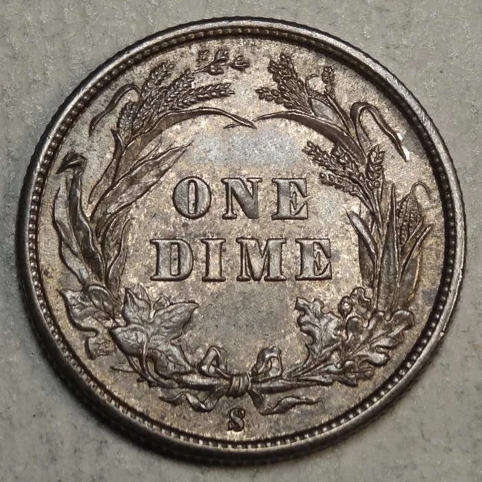1893-S/S repunched mintmark on 1893 Barber dime reverse showing multiple S impressions