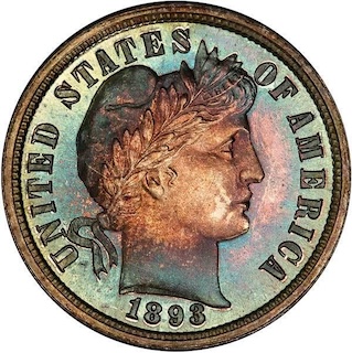 1893 proof Barber dime showing mirror fields and frosted cameo Liberty portrait