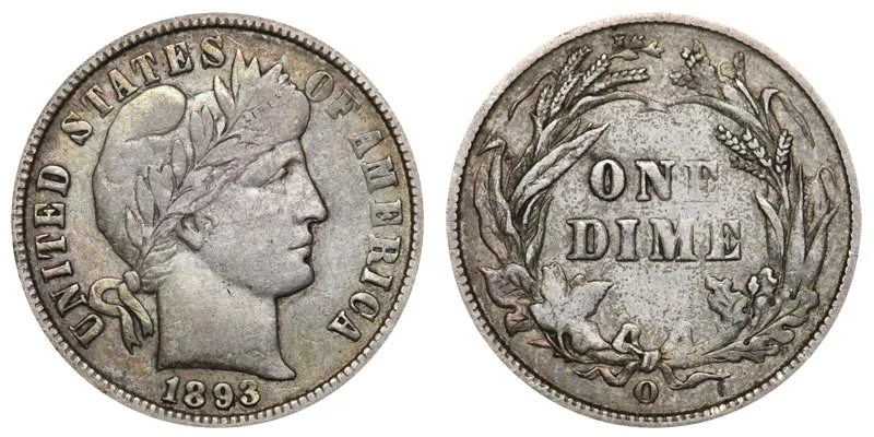 1893-O Barber dime reverse showing New Orleans O mintmark and obverse Liberty portrait