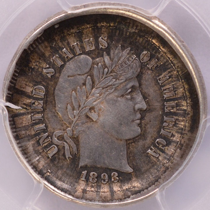 1893 Barber dime die cap error showing dramatic mushroomed planchet deformation from repeated strikes