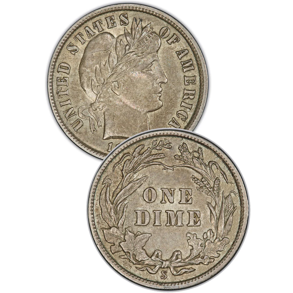 1893 Barber dime grading strip showing four condition tiers from Good through Mint State